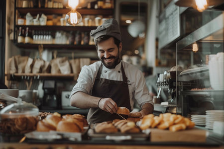 Cheerful male baker with tattoos arranging freshly baked goods in a cozy bakery setting under warm lighting.の素材