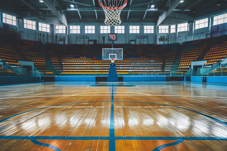 An empty basketball court with polished wooden floor in an indoor arena, ready for a game with spotlights shining.の素材