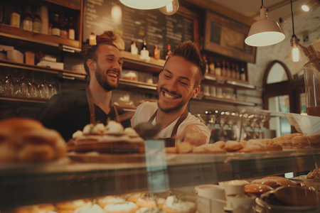 Cheerful male baker with tattoos arranging freshly baked goods in a cozy bakery setting under warm lighting.の素材