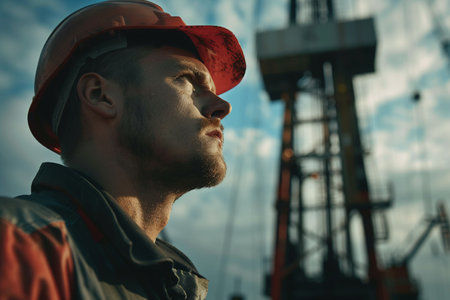 A close-up portrait of a weary young oil rig worker with dirt on his face, wearing a hard hat at a drilling site.の素材