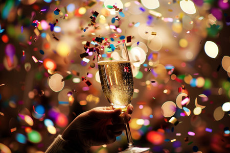 Joyful crowd raising glasses for a champagne toast amidst a vibrant party atmosphere filled with confetti and excitement.の素材