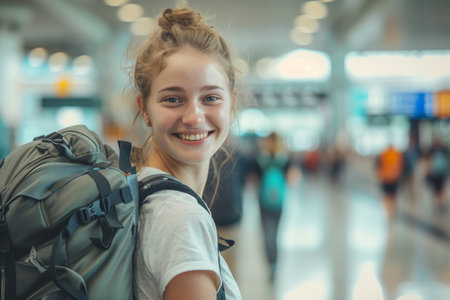 A smiling young woman in a warm hat and jacket carrying a backpack, ready for winter travel at a busy airport.の素材