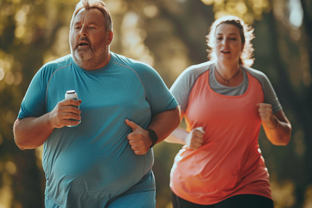 A man and woman, both overweight, are focused on their morning jog together in a sunlit park, promoting a healthy lifestyle.の素材