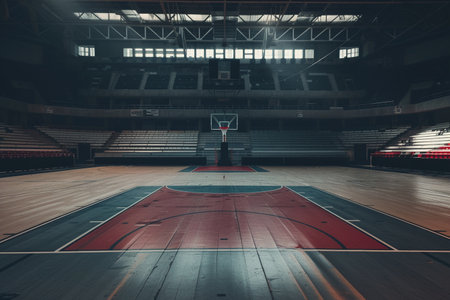 An empty basketball court with polished wooden floor in an indoor arena, ready for a game with spotlights shining.の素材