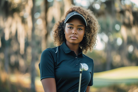 A focused woman golfer in sportswear standing on the golf course, looking into the distance after a swing.の素材