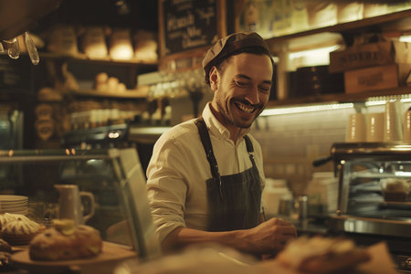 Cheerful male baker with tattoos arranging freshly baked goods in a cozy bakery setting under warm lighting.の素材