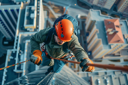 Professional window cleaner in safety gear washing the exterior glass of a modern high-rise building.の素材