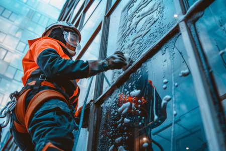 Professional window cleaner in safety gear washing the exterior glass of a modern high-rise building.の素材