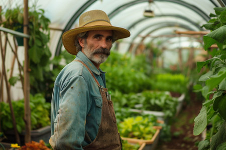 Portrait of a cheerful young man with curly hair wearing a denim jacket and overalls in a lush greenhouse setting.の素材