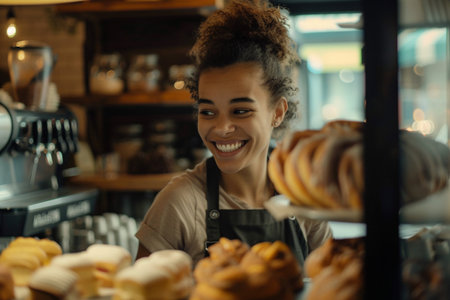 Cheerful male baker with tattoos arranging freshly baked goods in a cozy bakery setting under warm lighting.の素材