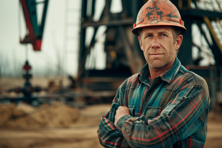 A close-up portrait of a weary young oil rig worker with dirt on his face, wearing a hard hat at a drilling site.の素材