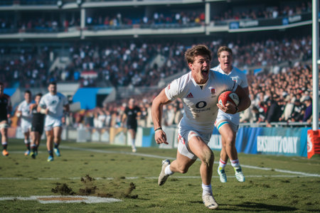 Energetic rugby player in action, catching the ball with concentration and determination during a competitive match.の素材