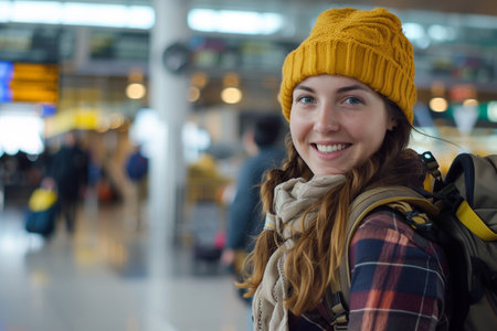 A smiling young woman in a warm hat and jacket carrying a backpack, ready for winter travel at a busy airport.の素材