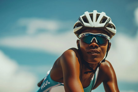 A focused athletic woman in sportswear taking a moment to concentrate before starting her run on a sunny tropical beach road.の素材