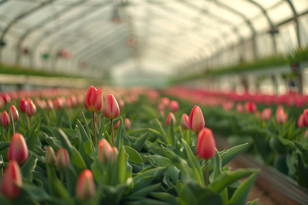 Bright orange tulips stand tall in a controlled greenhouse environment, showcasing the beauty of commercial flower cultivation.の素材