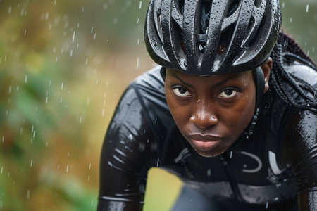 A focused and determined cyclist pushes through a rainstorm, showcasing dedication and resilience in harsh weather conditions.の素材