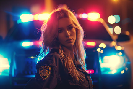 A female police officer stands confidently during nighttime patrol, with the vibrant lights of a police car in the background.の素材