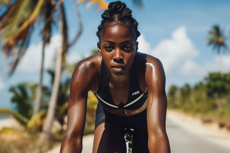 A focused athletic woman in sportswear taking a moment to concentrate before starting her run on a sunny tropical beach road.の素材