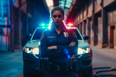 A female police officer stands confidently during nighttime patrol, with the vibrant lights of a police car in the background.の素材