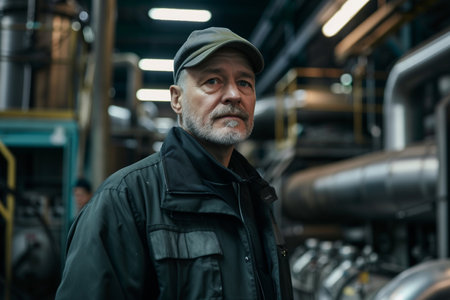 Mature industrial worker with a safety helmet posing confidently at a manufacturing plant, surrounded by heavy machinery.の素材