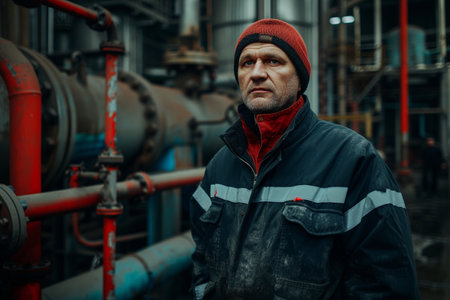 Mature industrial worker with a safety helmet posing confidently at a manufacturing plant, surrounded by heavy machinery.の素材