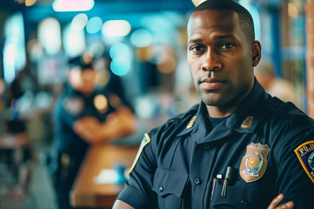 Portrait of a confident young police officer with a badge standing at a police station, with his colleagues in the background.の素材