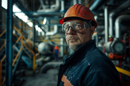 Mature industrial worker with a safety helmet posing confidently at a manufacturing plant, surrounded by heavy machinery.の素材