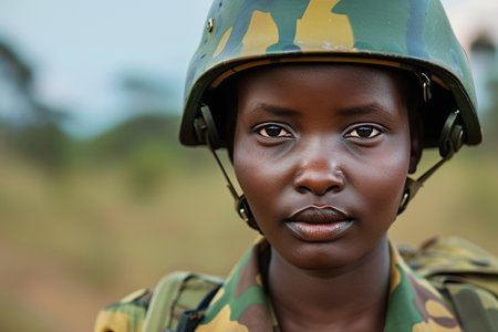 A close-up of a female soldier with focused eyes wearing combat gear and a helmet, exemplifying readiness and determination in a military operation.の素材