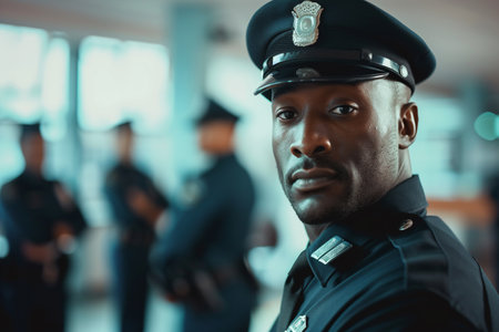 Portrait of a confident young police officer with a badge standing at a police station, with his colleagues in the background.の素材