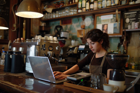 Smiling male barista with tattoos working on a laptop at a modern coffee shop, surrounded by brewing equipment and fresh flowers.の素材