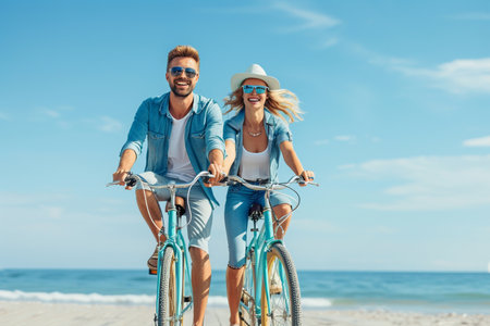 Happy couple on bicycles enjoying a leisurely ride down a palm tree-lined street, embodying fitness and summer joy.の素材