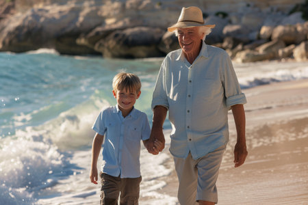 Elderly man and young boy, grandfather and grandson, walking hand in hand on a sandy beach, with dunes in the background.の素材