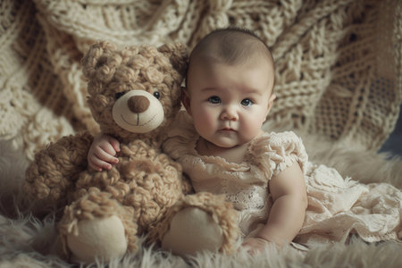 A joyful infant sits comfortably with a plush teddy bear, beaming a bright smile in a cozy home setting.の素材