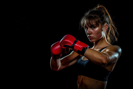 A determined woman boxer in action, showcasing strength and focus during an intense training session in a dark gym.の素材