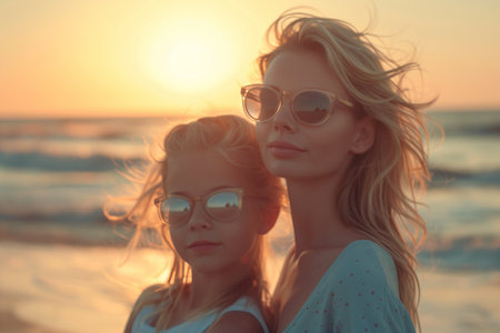 A serene moment as a mother and daughter in sunglasses gaze into the sunset over the ocean, feeling the warmth of the evening.の素材