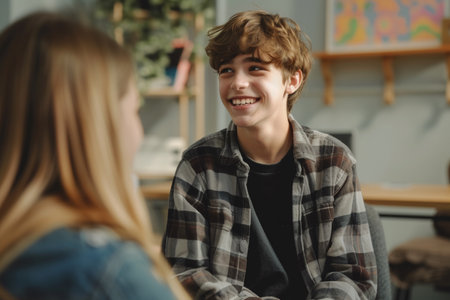 Cheerful teenage student with glasses smiling during a conversation in a school classroom, with teacher in background.の素材