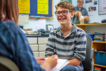 Cheerful teenage student with glasses smiling during a conversation in a school classroom, with teacher in background.の素材