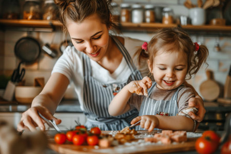 A smiling mother and her young daughter enjoy cooking a colorful, healthy meal with fresh vegetables in a home kitchen.の素材