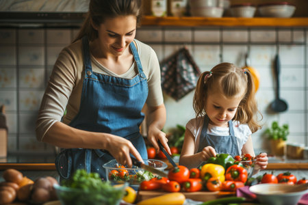 A smiling mother and her young daughter enjoy cooking a colorful, healthy meal with fresh vegetables in a home kitchen.の素材