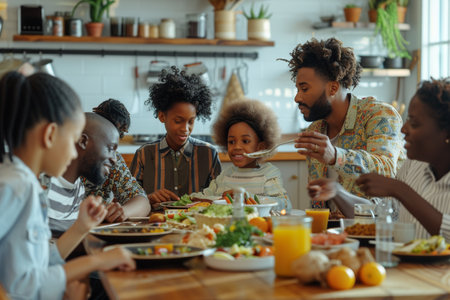 A joyful multigenerational family gathered around the dinner table, sharing a meal and happy moments in a cozy home setting.の素材