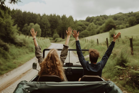 A young couple on a road trip, feeling the freedom with arms raised while driving a convertible through scenic hills at sunset.の素材