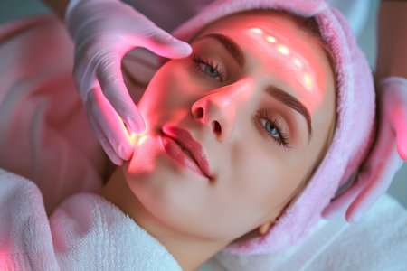 A woman receiving a high-tech facial treatment with a special device in a modern beauty clinic.の素材