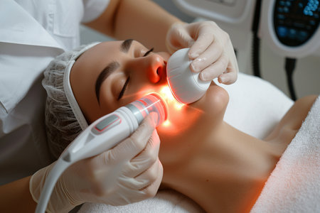 A woman receiving a high-tech facial treatment with a special device in a modern beauty clinic.の素材