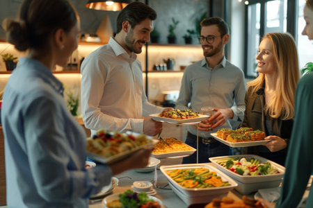 A group of friends enjoy serving themselves a buffet-style dinner at a cozy home gathering.の素材