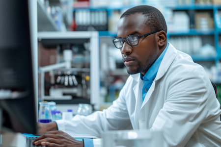 Focused scientist with safety glasses working diligently on a computer in a high-tech laboratory environment, surrounded by scientific equipment.