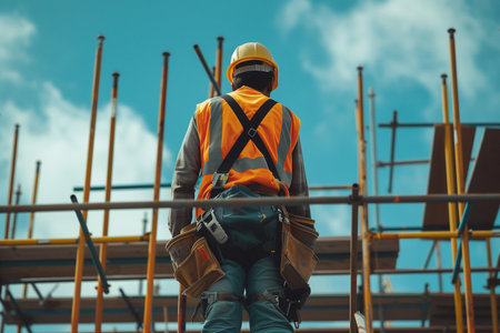 A construction worker equipped with safety gear strides across a network of rebar at a building site against the backdrop of a rising sun.の素材