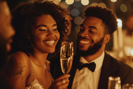 A radiant couple in formal attire enjoying a cheerful toast with champagne glasses at a festive celebration with warm ambient lighting.の素材