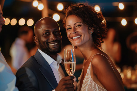 A radiant couple in formal attire enjoying a cheerful toast with champagne glasses at a festive celebration with warm ambient lighting.の素材