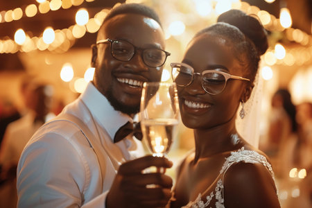 A radiant couple in formal attire enjoying a cheerful toast with champagne glasses at a festive celebration with warm ambient lighting.の素材
