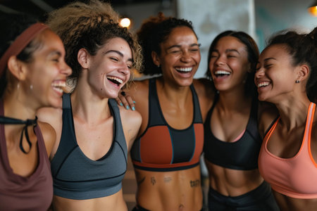 A diverse group of friends share a laugh after a fulfilling workout session at the gym, embodying friendship and fitness.の素材